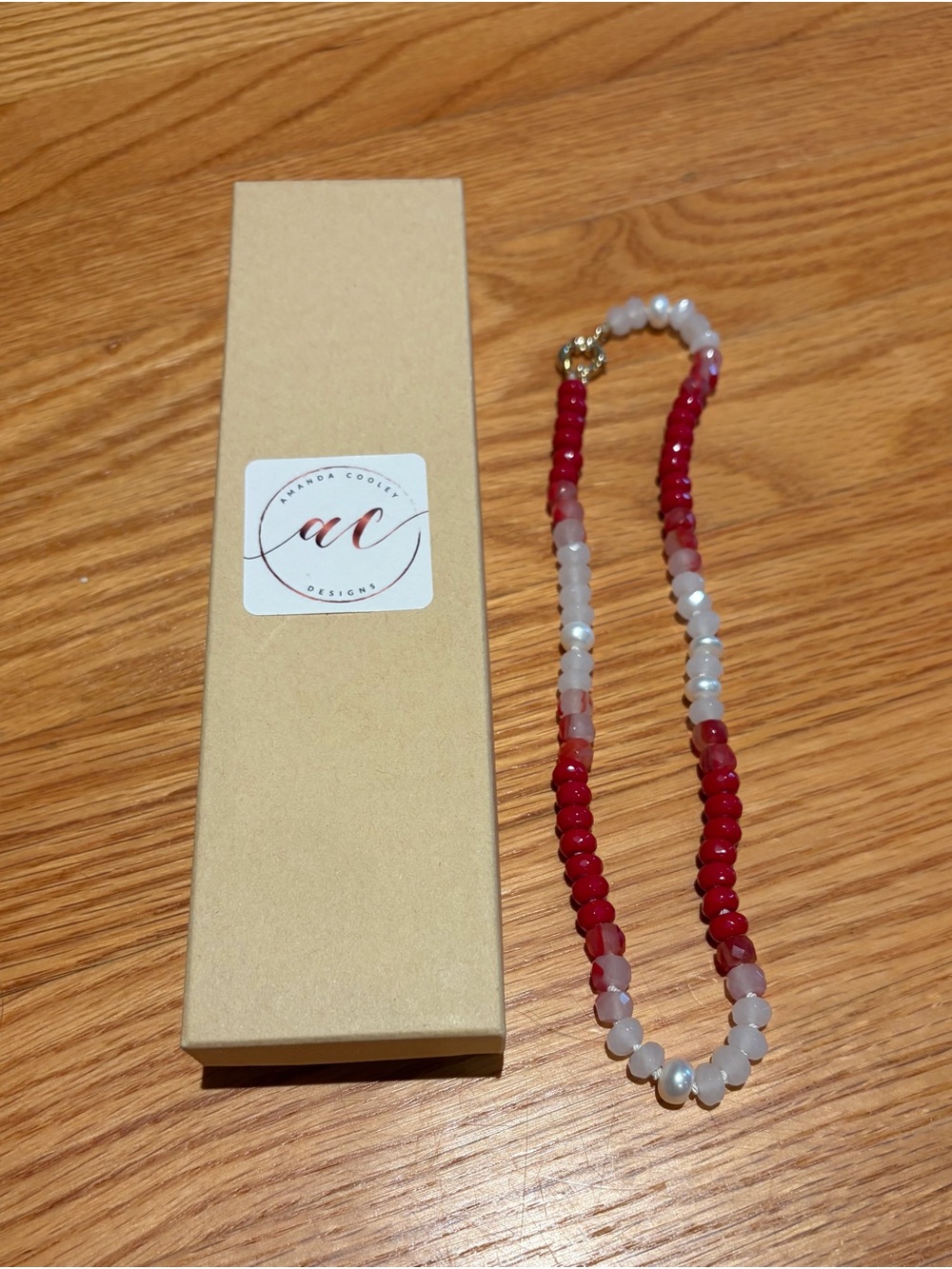 Amanda Cooley Designs Red and White Beaded Necklace.